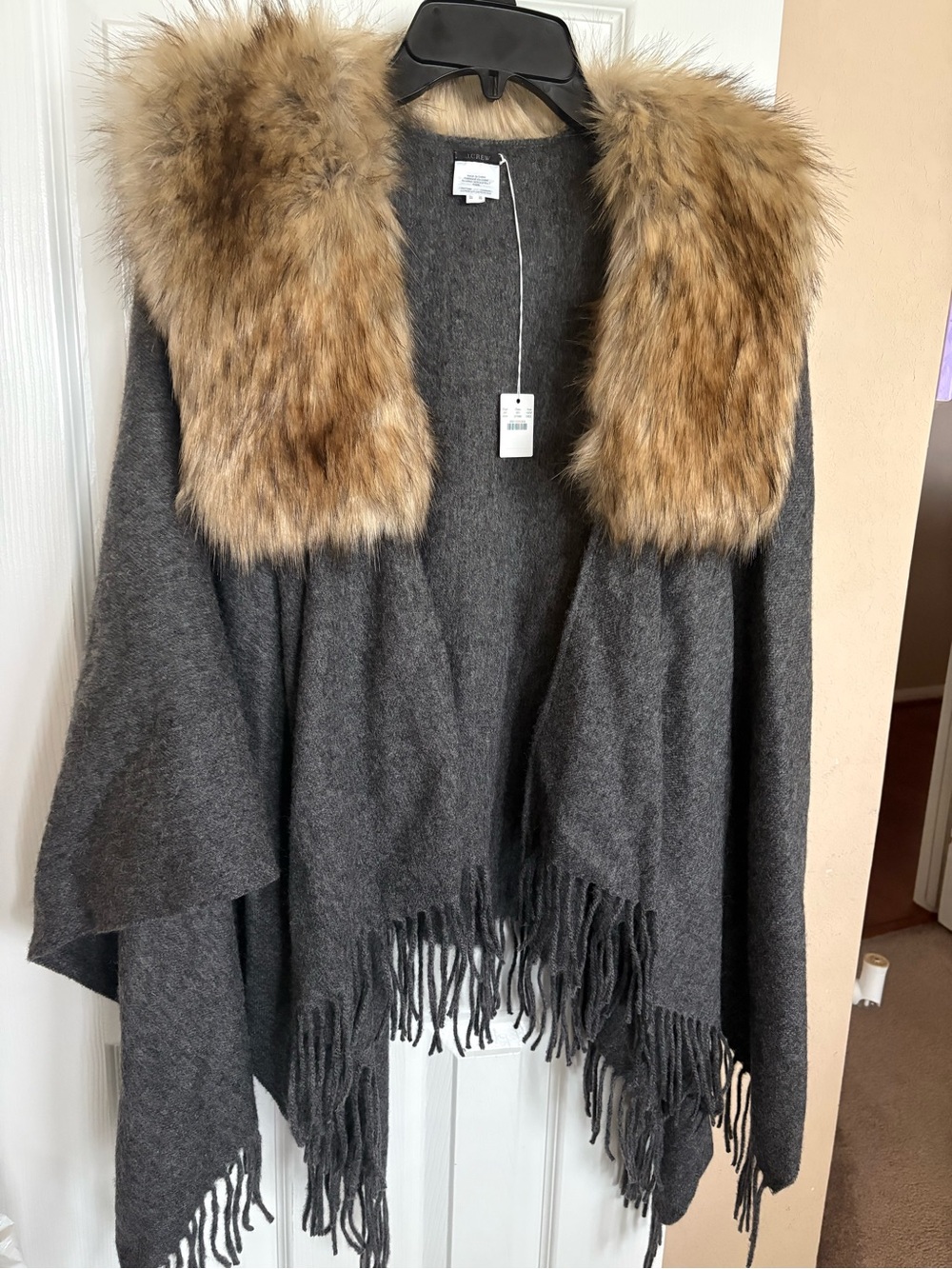 JCrew Fringe Wrap with Faux Fur Collar - Charcoal